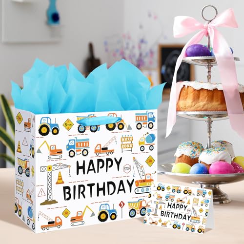 Laidans 13" Large Happy Birthday Gift Bag for Baby Boy Kids with Tissue Paper and Card (Construction Vehicle) - Image 5