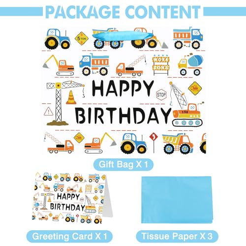 Laidans 13" Large Happy Birthday Gift Bag for Baby Boy Kids with Tissue Paper and Card (Construction Vehicle) - Image 3