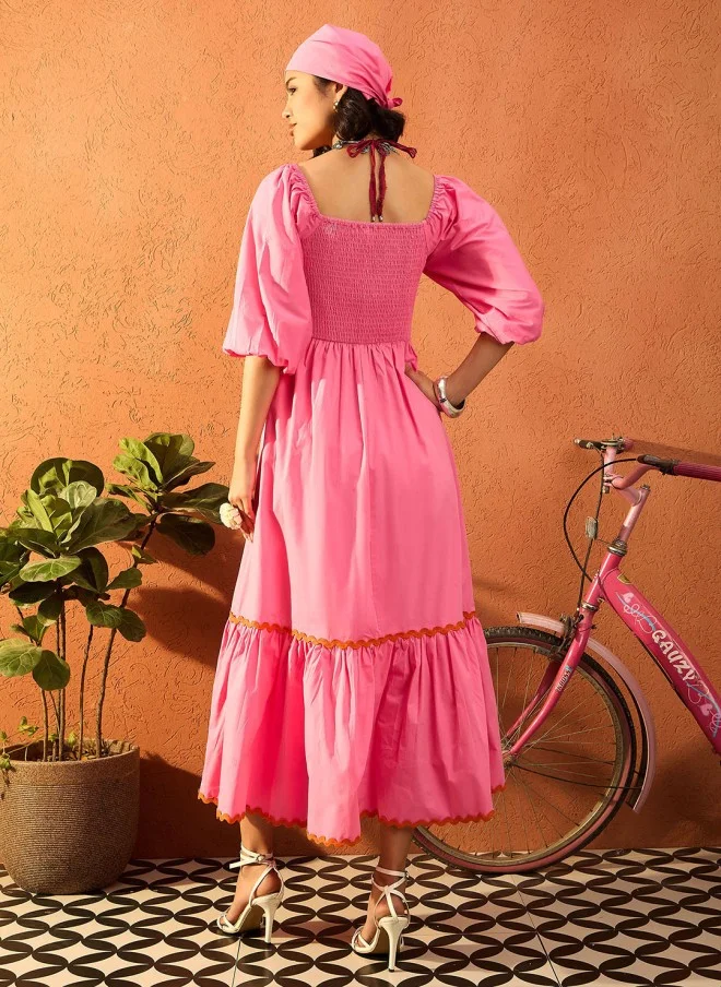 SASSAFRAS Pink Solid Puff Sleeve Maxi Dress for Women