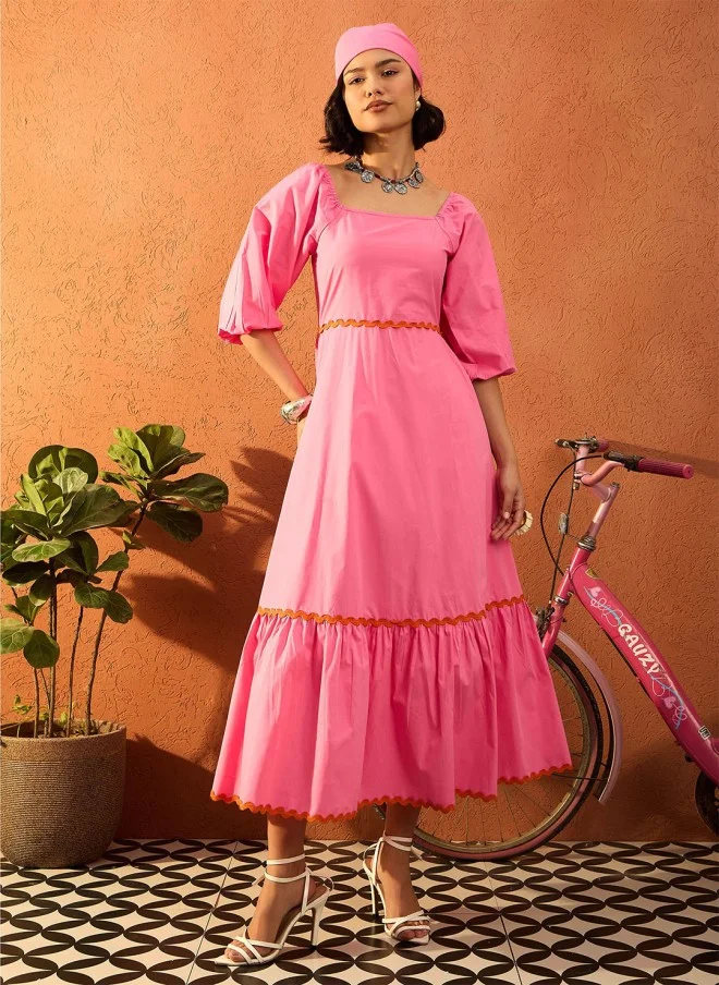 SASSAFRAS Pink Solid Puff Sleeve Maxi Dress for Women