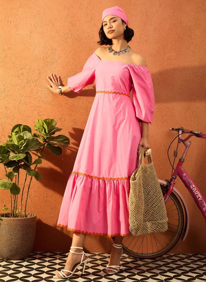 SASSAFRAS Pink Solid Puff Sleeve Maxi Dress for Women