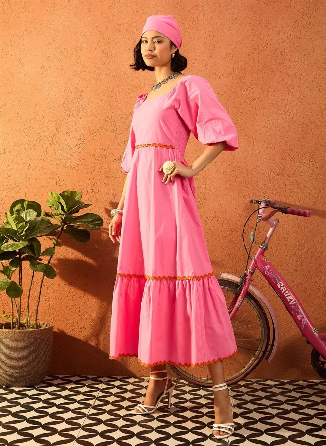 SASSAFRAS Pink Solid Puff Sleeve Maxi Dress for Women