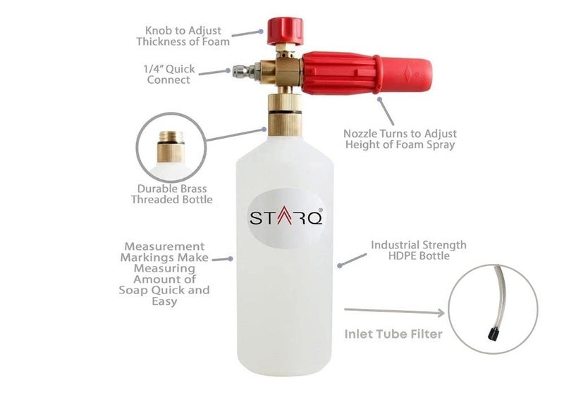 STARQ Copper Alloy 1 Ltr Professional Snow Foam Lance/Canon with 1/4" Quick Connector Foam Blaster for Pressure Washer (RED) - Image 4