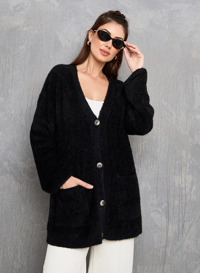 Take Two Solid Oversized Furry Button Up Cardigan