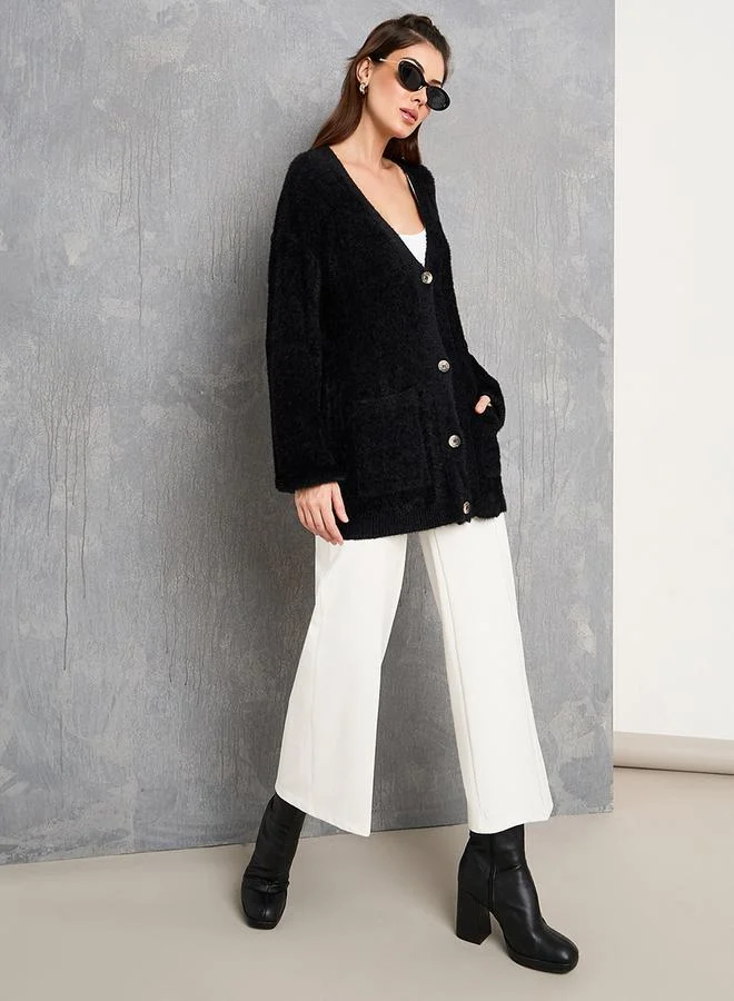 Take Two Solid Oversized Furry Button Up Cardigan