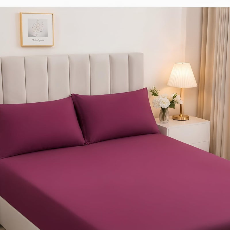 [Brand] [Model] Premium 100% Egyptian Cotton Bed Sheet Set, 4-Piece Plain Bedding Set for 180cm Bed, Includes Flat Sheet (275cm), Long Bolster Cover (190cm) & 2 Pillowcases (50x70cm) burgundy - Image 1