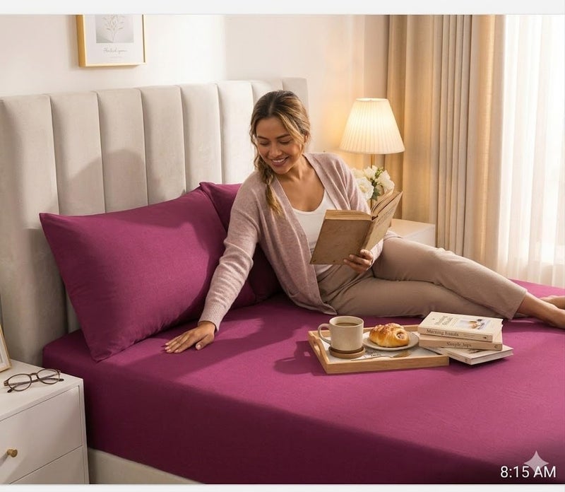 [Brand] [Model] Premium 100% Egyptian Cotton Bed Sheet Set, 4-Piece Plain Bedding Set for 180cm Bed, Includes Flat Sheet (275cm), Long Bolster Cover (190cm) & 2 Pillowcases (50x70cm) burgundy - Image 4