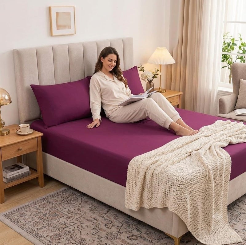 [Brand] [Model] Premium 100% Egyptian Cotton Bed Sheet Set, 4-Piece Plain Bedding Set for 180cm Bed, Includes Flat Sheet (275cm), Long Bolster Cover (190cm) & 2 Pillowcases (50x70cm) burgundy - Image 5