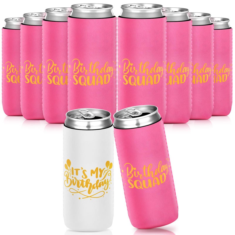 Layhit 10 Pcs Birthday Squad Can Coolers Its My Birthday Can Coolers Slim Neoprene Sleeves Party Decorations Gift for Women Bachelorette Party SuppliesWhite Neon Pink