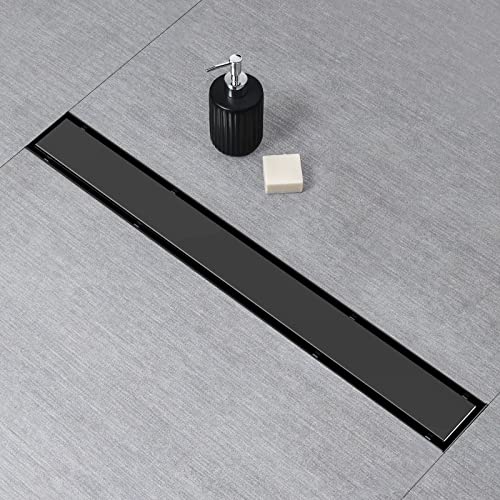 SaniteModar Linear Shower DrainBlack Shower Drain 32 inch with Flat and Tile Insert 2 in 1 Panel AISI 304 Stainless Steel Black Linear Shower Drain with Hair Strainer and Leveling Feet