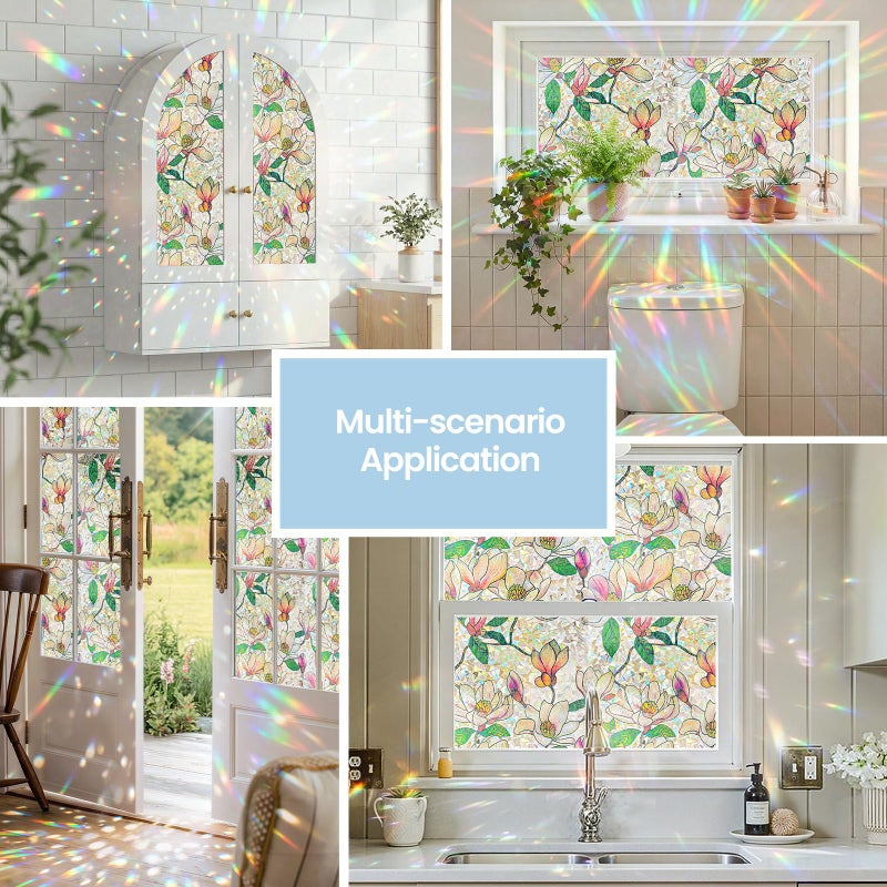 ADD.HERES Window Privacy Film, Stained Glass Decorative Static Cling, Removable Laser Sun Blocking Vinyl Covering,Window Film for Home Kitchen Living Room, Pink Magnolia, 17.3" x 78.7" - Image 2