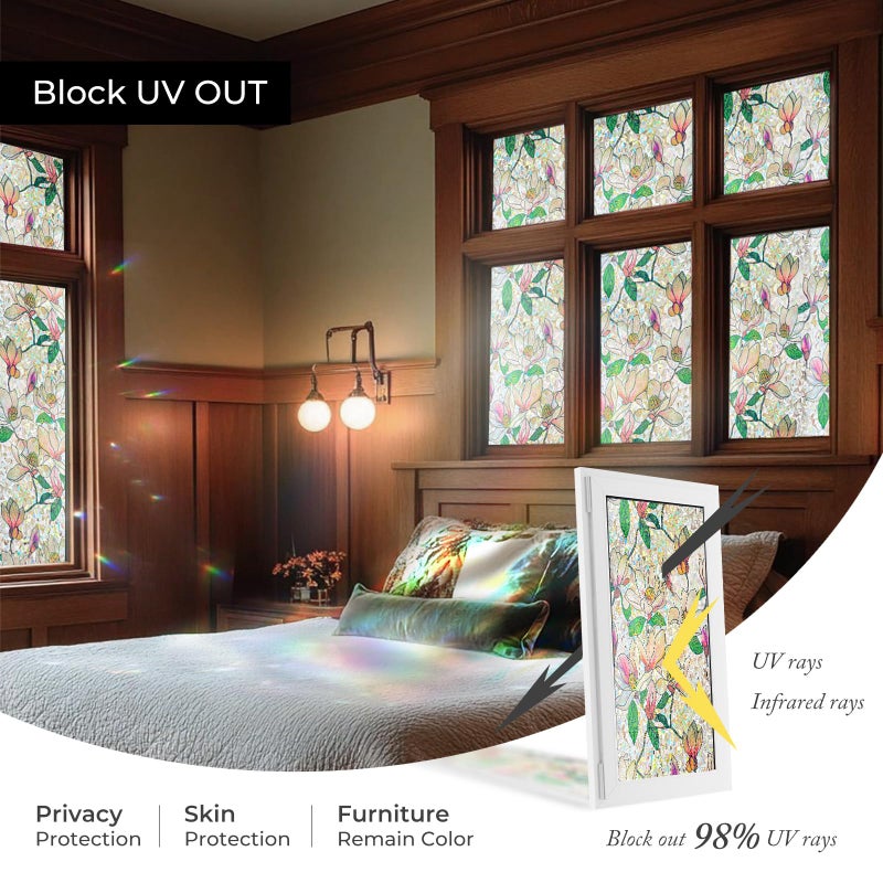 ADD.HERES Window Privacy Film, Stained Glass Decorative Static Cling, Removable Laser Sun Blocking Vinyl Covering,Window Film for Home Kitchen Living Room, Pink Magnolia, 17.3" x 78.7" - Image 5