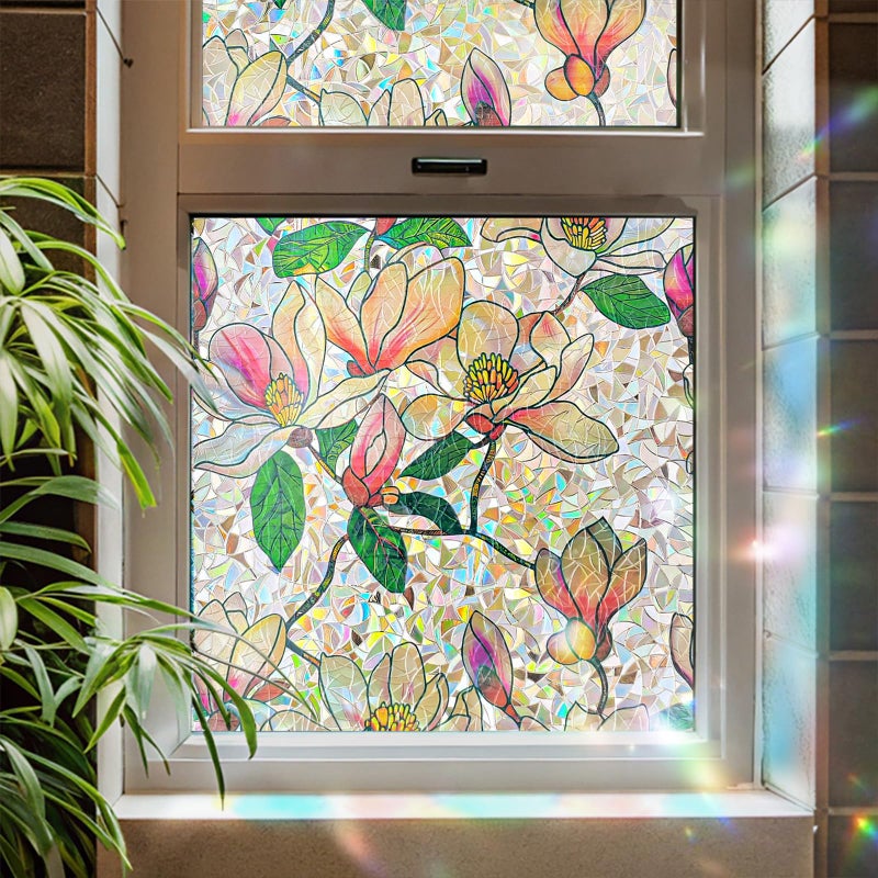 ADD.HERES Window Privacy Film, Stained Glass Decorative Static Cling, Removable Laser Sun Blocking Vinyl Covering,Window Film for Home Kitchen Living Room, Pink Magnolia, 17.3" x 78.7" - Image 1