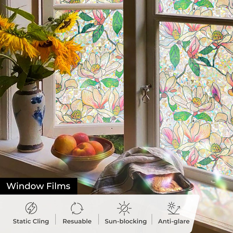 ADD.HERES Window Privacy Film, Stained Glass Decorative Static Cling, Removable Laser Sun Blocking Vinyl Covering,Window Film for Home Kitchen Living Room, Pink Magnolia, 17.3" x 78.7" - Image 4
