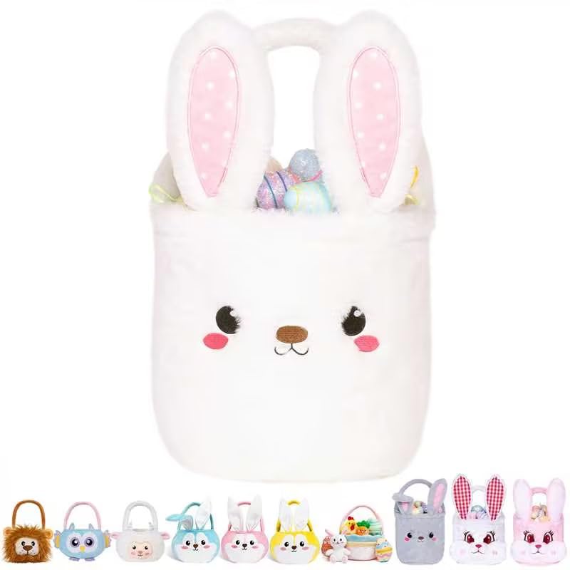 LUBOT Bunny Easter Basket for Kids Cute Plush Empty Bucket with Foldable Ears and Handle Egg Hunt Tote Candy Bag Basket for Boy Girl Teens Gift Easter Basket Decor White 99 Inch 
