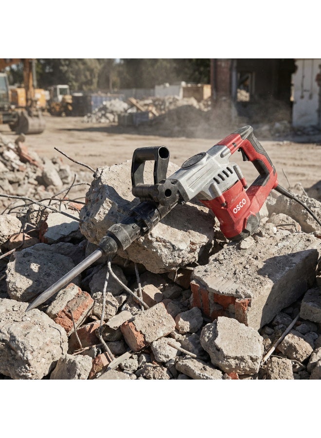 OSCO The 1400W Professional Demolition Hammer is a powerful electric tool specially designed for heavy-duty breaking and demolition of concrete, bricks, and floors, featuring a durable high-performance motor for continuous use, an anti-vibration system to reduce hand fatigue, and a strong metal body for long-lasting durability, making it the perfect choice for construction workers, technicians, and anyone looking for a reliable and efficient tool for professional demolition tasks. - Image 4
