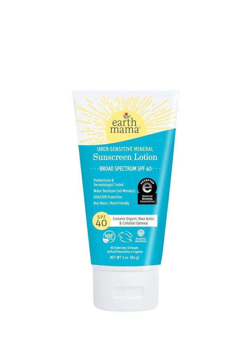 Earth Mama Earth Mama Uber-Sensitive Mineral Sunscreen Lotion SPF 40 | Reef Safe, Non-Nano Zinc, Contains Organic Colloidal Oatmeal | Steroid-Free Eczema Cream for Baby, Kid & Family, 3-Ounce  - Image 1