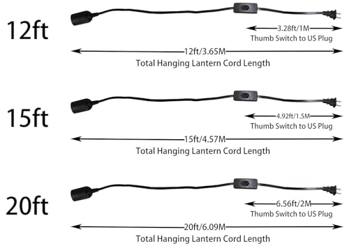 Lightingsky 12Ft-2Pack Extension Light Cord Hanging Lantern Pendant Lamp Cable E26 Bulb Socket to 2-Prong US AC Power Cord with On/Off Switch (12 Feet, Black-2 Pack) - Image 4