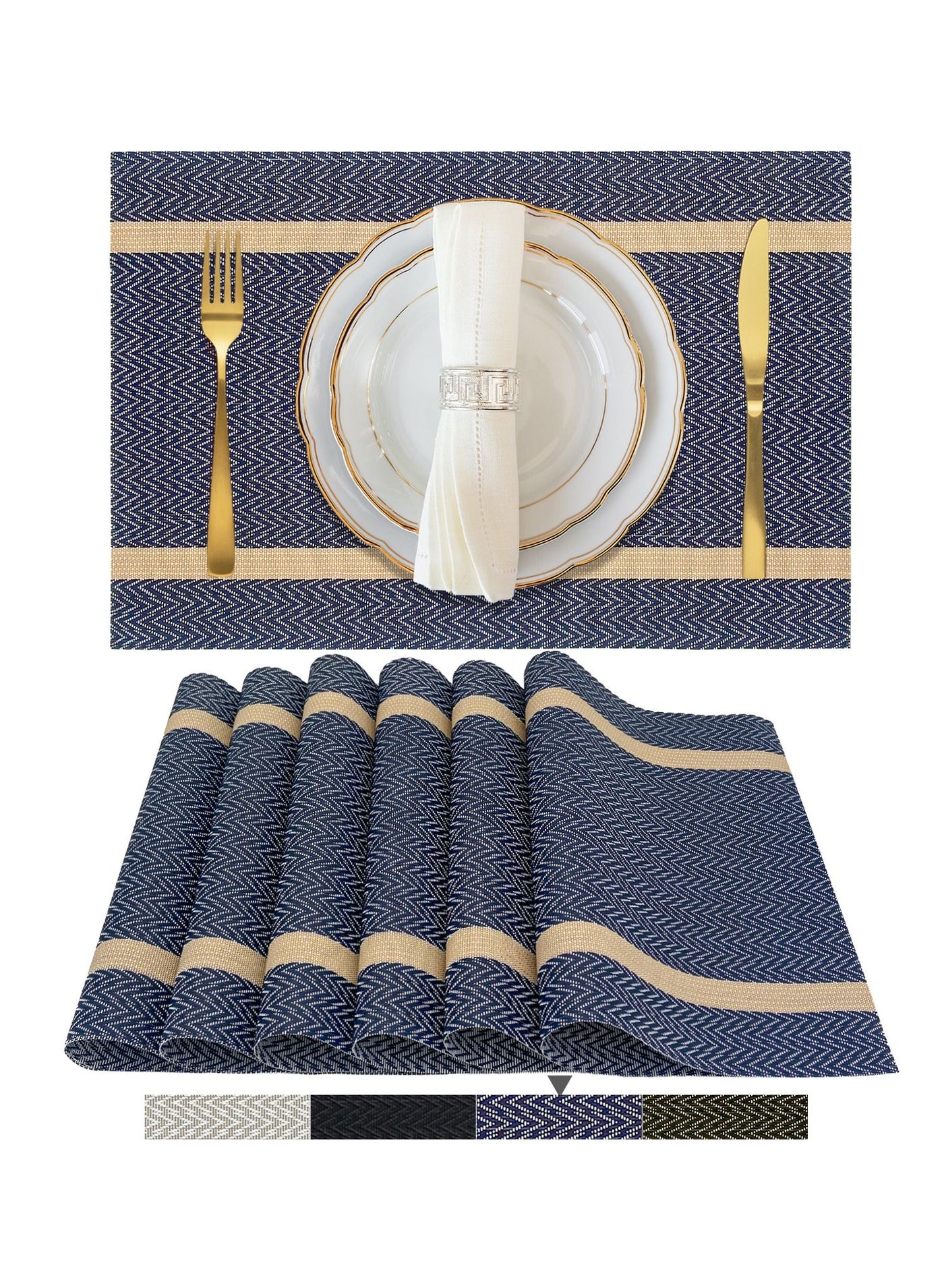 Blue Placemats Set of 6 - Washable Easy Clean Vinyl Placemats - Heat Resistant PVC Place Mats - Table Mats for Dining Table (Blue Gold Arrow Pattern)