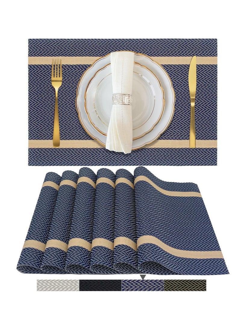 أبليف طقم مفارش طاولة زرقاء من ابيليف - مفارش من الفينيل سهلة التنظيف وقابلة للغسل - مفارش طاولة من بلاستيك PVC مقاومة للحرارة - مفارش طاولة لطاولة الطعام (نمط سهم ذهبي ازرق) - Image 1