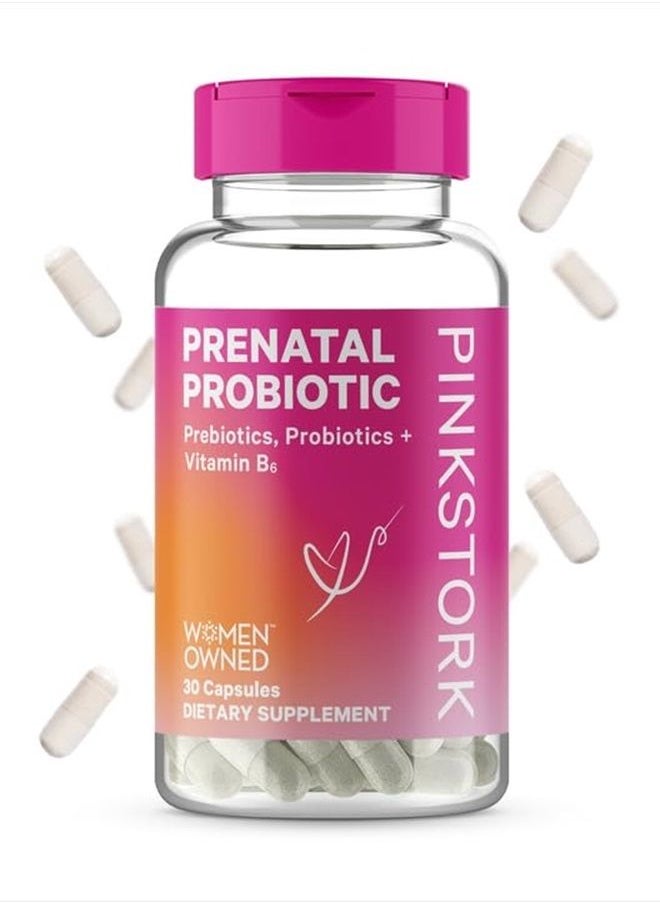 Pink Stork Prenatal Probiotics for Women, Vitamin Supplement to Support Morning Sickness, Digestion, and Gut Health in Pregnancy with Added Prebiotics and Vitamin B6, 1 Month Supply  - Image 1