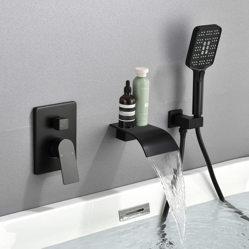 Bathtub Faucet Set with Handheld Sprayer Tub Filler Faucets with Roughin Valve Trim Kit Wall Mount Tub Faucets Matte Black
