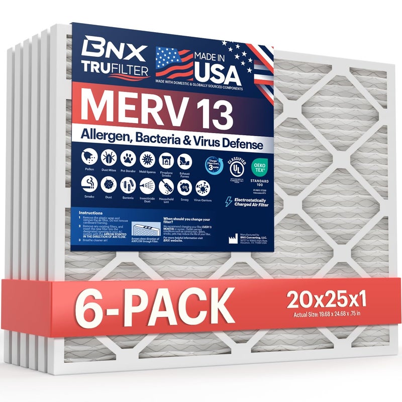 BNX TruFilter 20x25x1 Air Filter MERV 13 (6-Pack) - MADE IN USA - Electrostatic Pleated Air Conditioner HVAC AC Furnace Filters for Allergies, Pollen, Mold, Bacteria, Smoke, Allergen, MPR 1900 FPR 10 - Image 1