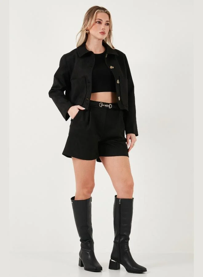 ليلا جاكيت ليلا نسائي بياقة كلاسيكية بقصة عادية من جلد الغزال بنقوش وجيوب