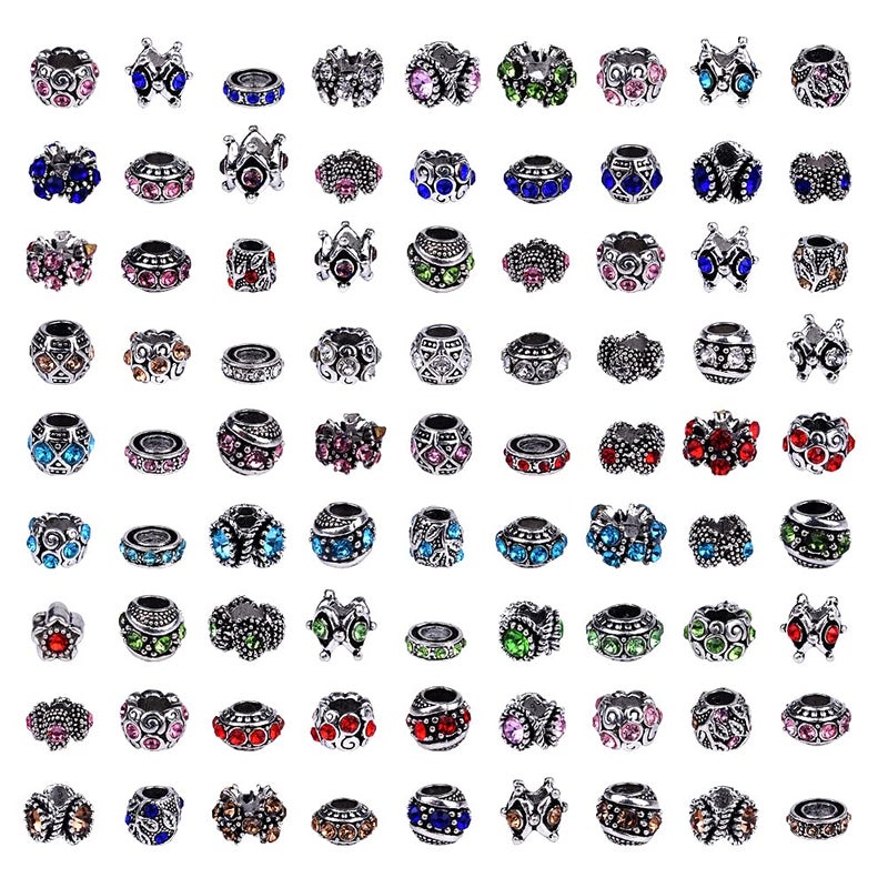 AIPRIDY 60 Pieces Assorted European Beads with Plating Silver Metal Alloy Rhinestone Large Hole Spacer Beads for DIY Charm Bracelet Jewelry Making (Inlaid Drill Alloy) - Image 2