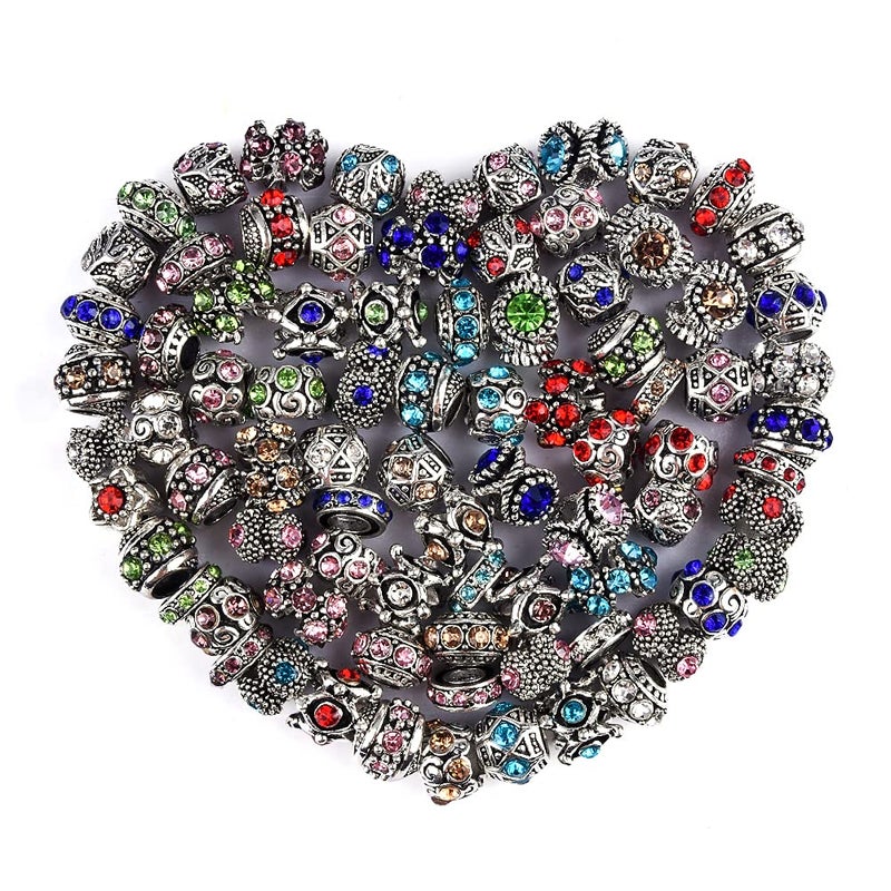AIPRIDY 60 Pieces Assorted European Beads with Plating Silver Metal Alloy Rhinestone Large Hole Spacer Beads for DIY Charm Bracelet Jewelry Making (Inlaid Drill Alloy) - Image 1
