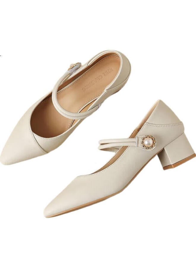 ZHR Mary Jane Shoes Women'S Elegant Pointed Toe Chunky Heel Loafers Women'S Commuter Dual-Use Women'S Shoes Bl267 Beige Size 36 - Image 2