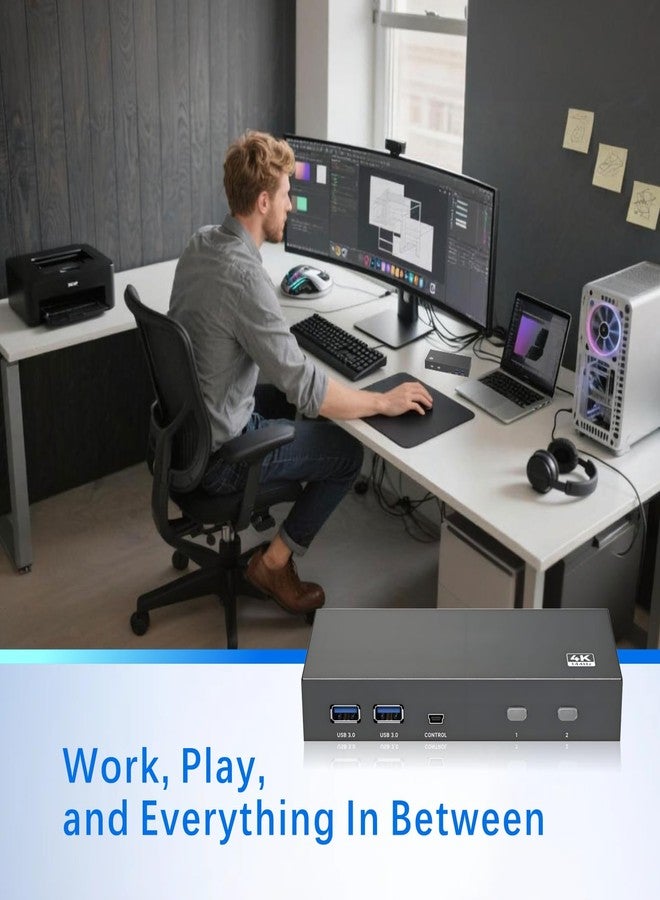 مفتاح iArkPower DisplayPort USB 3.0 KVM، يدعم شاشة واحدة وجهازَي كمبيوتر بدقة 8K@60Hz و4K@144Hz، مزود بمنفذَي إدخال ومنفذ إخراج واحد، وأربعة منافذ USB-A ومنفذَي USB-C، ووحدة تحكم سلكية لأجهزة الكمبيوتر المحمولة والمكتبية. - Image 3