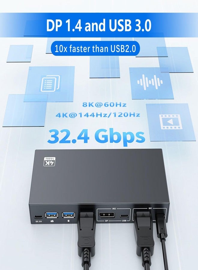 مفتاح iArkPower DisplayPort USB 3.0 KVM، يدعم شاشة واحدة وجهازَي كمبيوتر بدقة 8K@60Hz و4K@144Hz، مزود بمنفذَي إدخال ومنفذ إخراج واحد، وأربعة منافذ USB-A ومنفذَي USB-C، ووحدة تحكم سلكية لأجهزة الكمبيوتر المحمولة والمكتبية. - Image 5