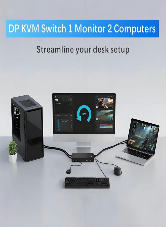 مفتاح iArkPower DisplayPort USB 3.0 KVM، يدعم شاشة واحدة وجهازَي كمبيوتر بدقة 8K@60Hz و4K@144Hz، مزود بمنفذَي إدخال ومنفذ إخراج واحد، وأربعة منافذ USB-A ومنفذَي USB-C، ووحدة تحكم سلكية لأجهزة الكمبيوتر المحمولة والمكتبية. - Image 2