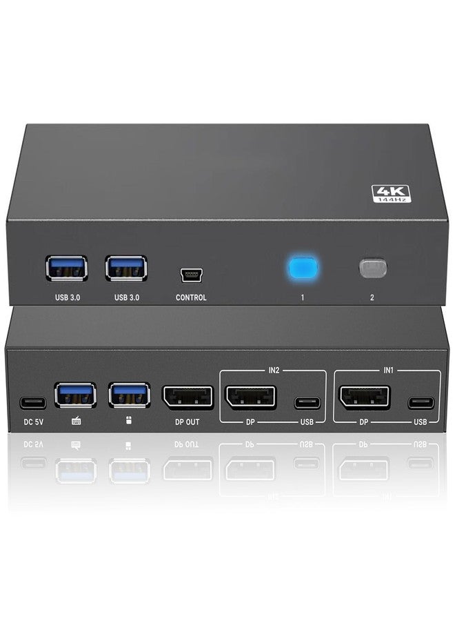 مفتاح iArkPower DisplayPort USB 3.0 KVM، يدعم شاشة واحدة وجهازَي كمبيوتر بدقة 8K@60Hz و4K@144Hz، مزود بمنفذَي إدخال ومنفذ إخراج واحد، وأربعة منافذ USB-A ومنفذَي USB-C، ووحدة تحكم سلكية لأجهزة الكمبيوتر المحمولة والمكتبية. - Image 1