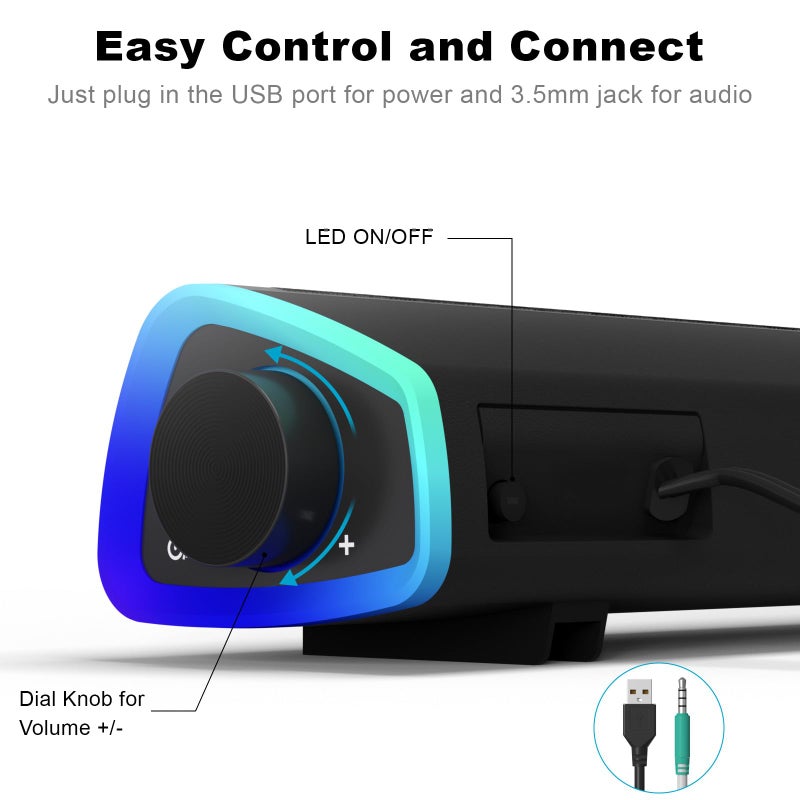 SOULION سماعات الكمبيوتر SOULION R30، تعمل بالطاقة من USB، سماعات صغيرة للكمبيوتر 3.5mm AUX، أضواء LED ملونة مع زر تشغيل، صوت محيطي، مكبر صوت محمول للكمبيوتر المكتبي واللابتوب رمادي - Image 5