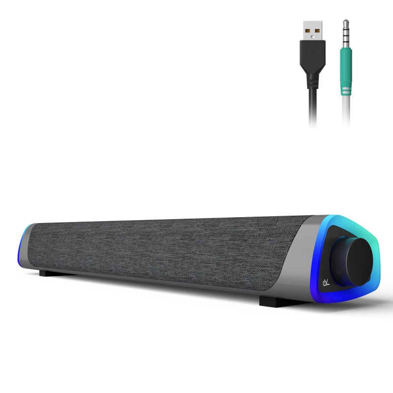 SOULION سماعات الكمبيوتر SOULION R30، تعمل بالطاقة من USB، سماعات صغيرة للكمبيوتر 3.5mm AUX، أضواء LED ملونة مع زر تشغيل، صوت محيطي، مكبر صوت محمول للكمبيوتر المكتبي واللابتوب رمادي - Image 1