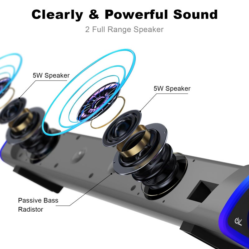 SOULION سماعات الكمبيوتر SOULION R30، تعمل بالطاقة من USB، سماعات صغيرة للكمبيوتر 3.5mm AUX، أضواء LED ملونة مع زر تشغيل، صوت محيطي، مكبر صوت محمول للكمبيوتر المكتبي واللابتوب رمادي - Image 3