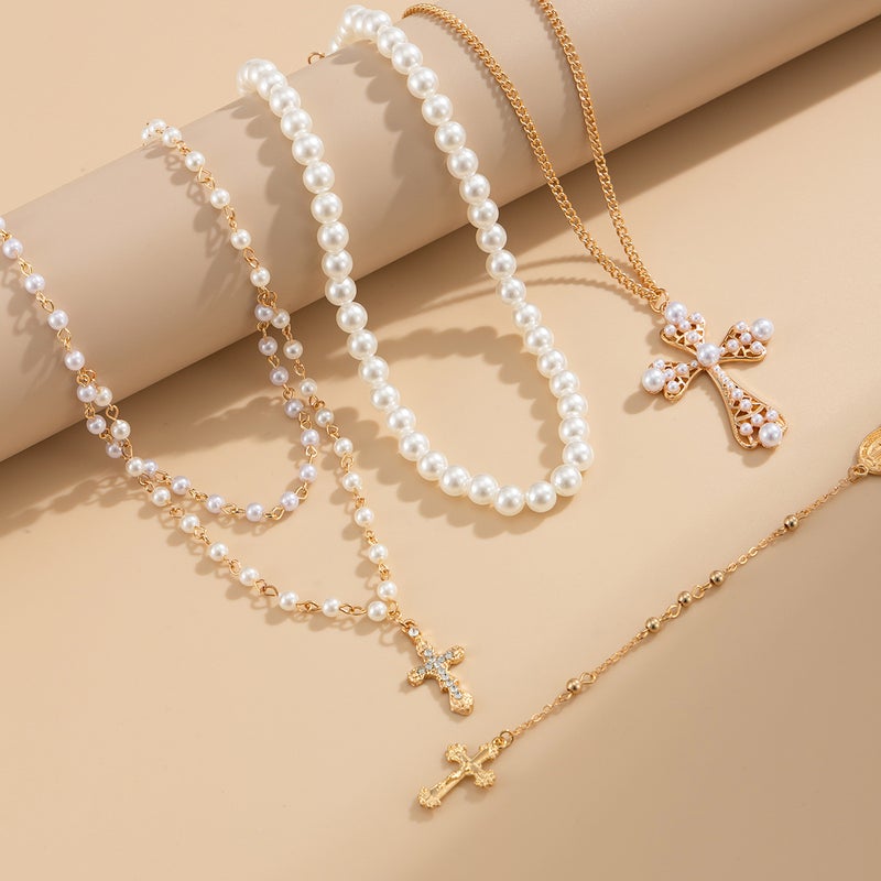 SHIXIN European and American Cross Pendant Necklace with Multi-Layered Design, Y-Shaped Chain, and Pearl Accents - Image 4