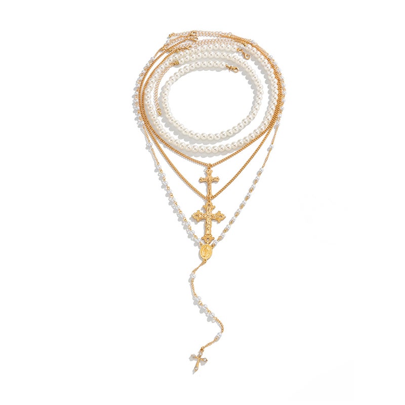 SHIXIN European and American Cross Pendant Necklace with Multi-Layered Design, Y-Shaped Chain, and Pearl Accents - Image 5