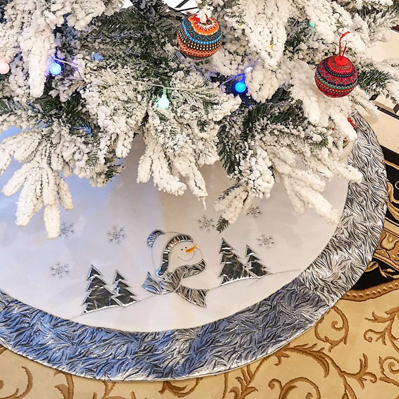 WEWILL 36 Luxury Snowman Christmas Tree Skirt Silvery White Embroidered Snowflake with Satin Border Xmas Mat Party Supplies Decorations