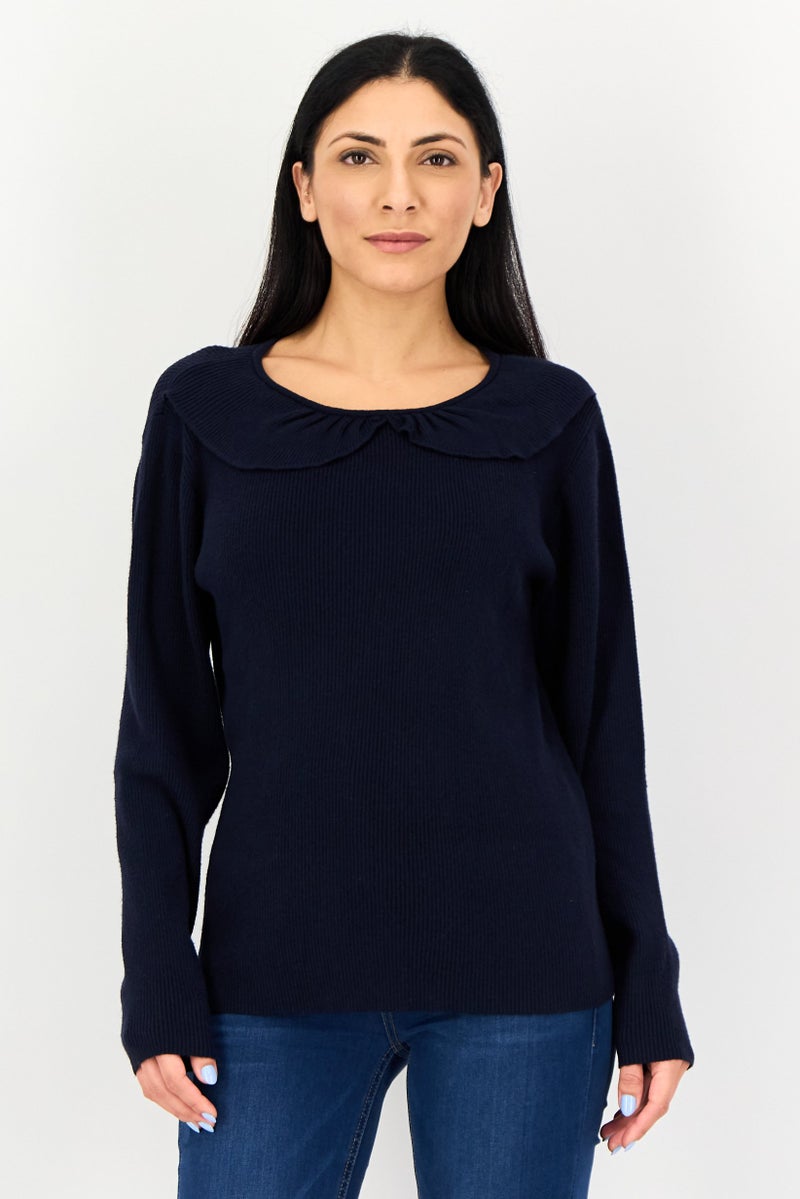 Fire & Glory Women Peter Pan Collar Knitted Sweater, Navy - Image 1
