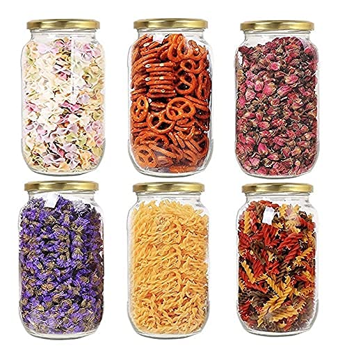 BRUSHFINCH Glass Jar with Air Tight Gold Lid for Kitchen Dry Masala Storage JarHoney Jar and ContainerSpice Masala JarGlassVisible Glass Jar for Kitchen Storage 1000ml 6pc Clear - Image 1