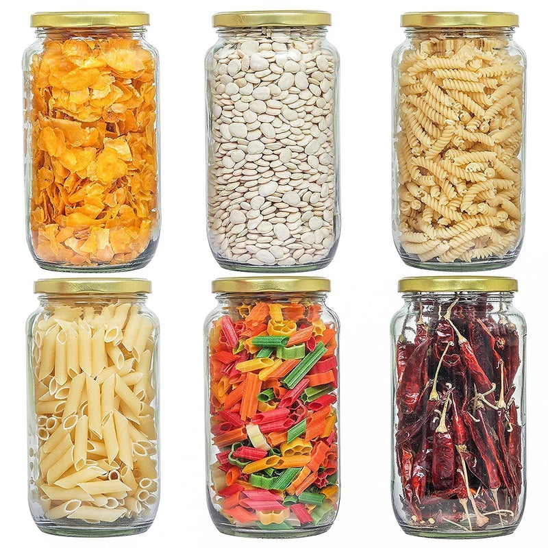 BRUSHFINCH Glass Jar with Air Tight Gold Lid for Kitchen Dry Masala Storage JarHoney Jar and ContainerSpice Masala JarGlassVisible Glass Jar for Kitchen Storage 1000ml 6pc Clear - Image 5