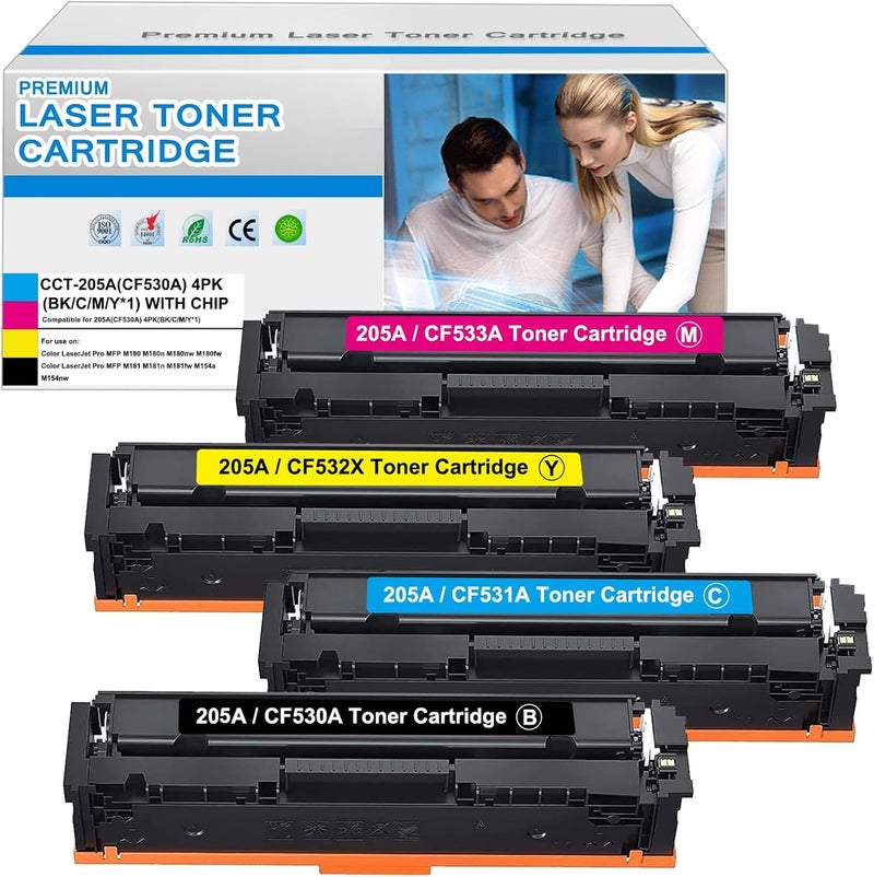 حبر 205A متوافق مع HP 205A CF530A CF531A CF532A CF533A 205X لطابعات HP Color Laserjet Pro MFP M180n M181FW M180NW M180FW M181N M154A (أسود، سيان، أصفر، أرجواني، عبوة من 4 قطع) - Image 1