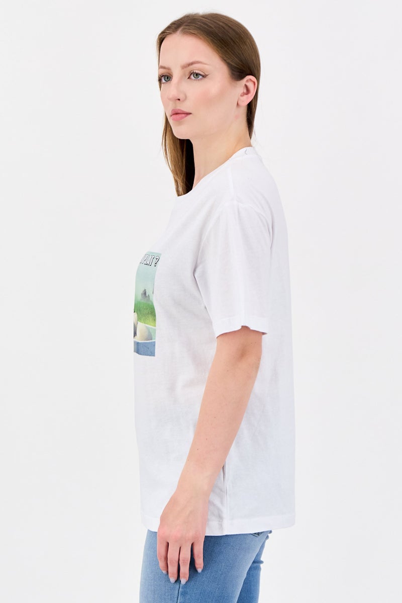 UNDIZ Women Crew Neck Short Sleeve Graphic Print T-shirt, White - Image 2