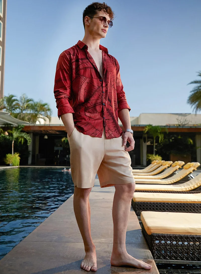 Campus Sutra Campus Sutra Men's Burnt Sienna Foliage-Outline Shirt For Casual Wear | Spread Collar | Long Cuffed Sleeves | Button Closure | Shirt Crafted With Comfort Fit For Everyday Wear