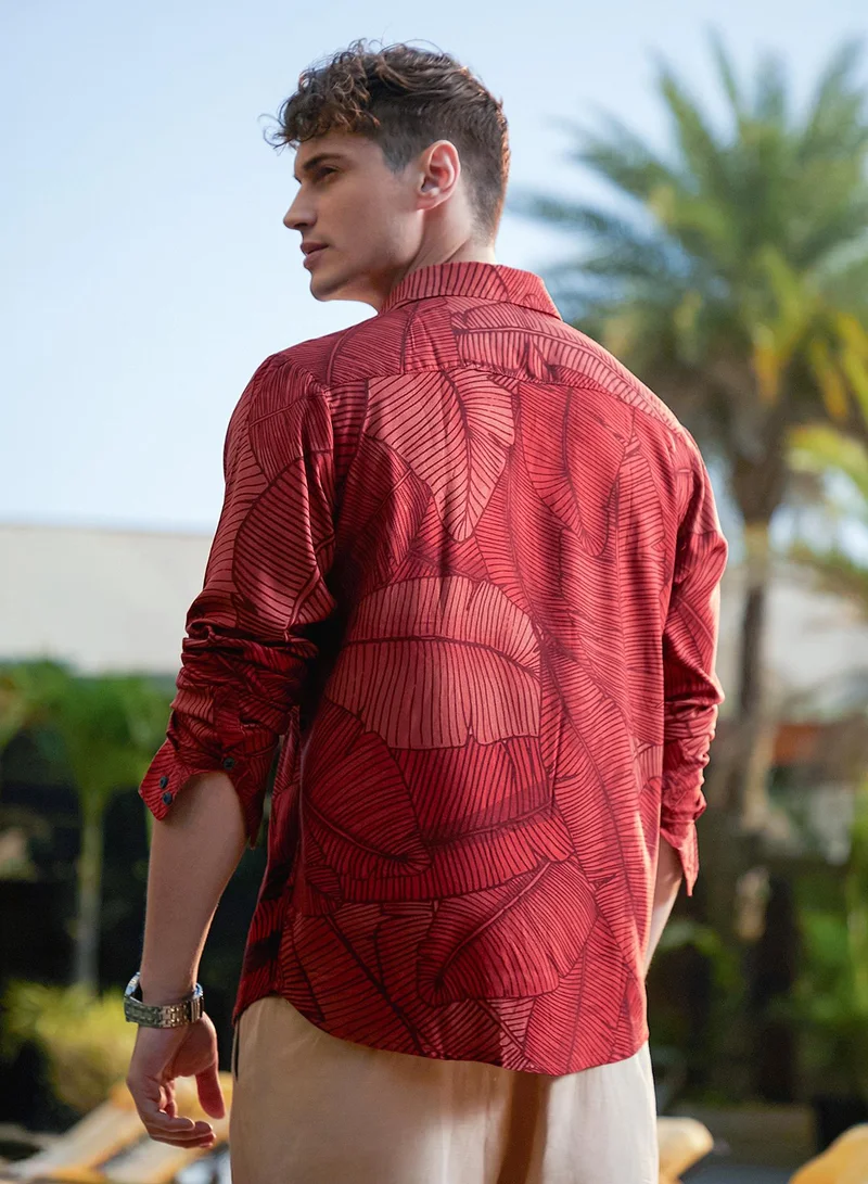 Campus Sutra Campus Sutra Men's Burnt Sienna Foliage-Outline Shirt For Casual Wear | Spread Collar | Long Cuffed Sleeves | Button Closure | Shirt Crafted With Comfort Fit For Everyday Wear