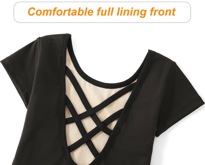 MdnMd Dance Gymnastic Leotards for Girls Black Ballet Short Sleeve Outfit with Cross Back Leotard (Black, Age 10-12) - Image 5
