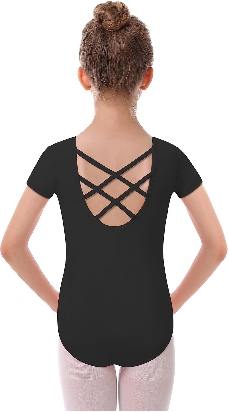 MdnMd Dance Gymnastic Leotards for Girls Black Ballet Short Sleeve Outfit with Cross Back Leotard (Black, Age 10-12) - Image 1